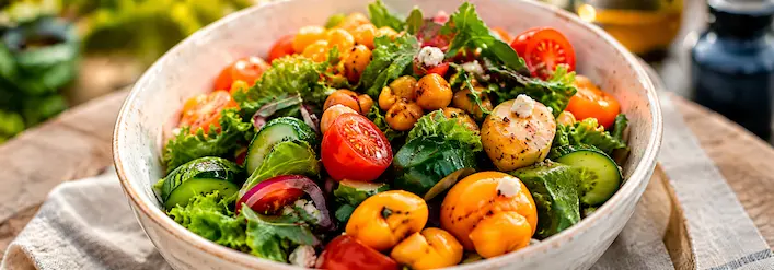 Ensalada fresca y colorida con verduras de hoja verde, tomates, pepino, garbanzos y queso feta en un bol.
