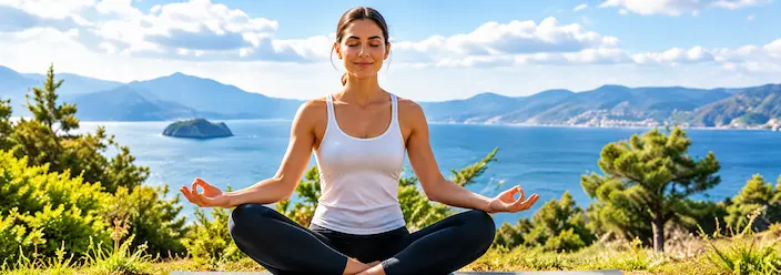 Mujer meditando al aire libre junto al mar con montañas al fondo, promoviendo el bienestar mental.