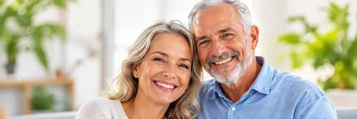 Pareja mayor sonriente de pie en un hogar luminoso, representando la salud y el bienestar.